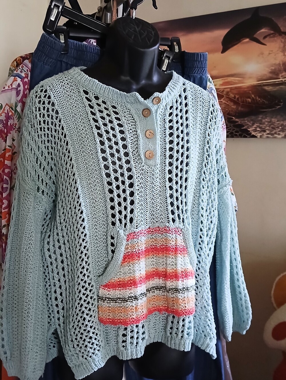 POL Light Blue Open-Weave Crewneck Sweater with Striped Pocket